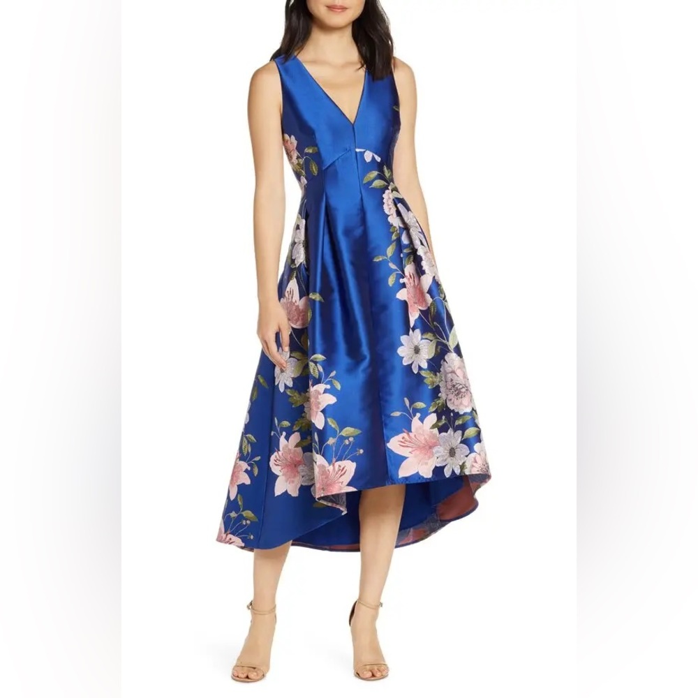 Eliza J Floral Print Satin Twill High/Low Fit & Flare Dress. Size 6.